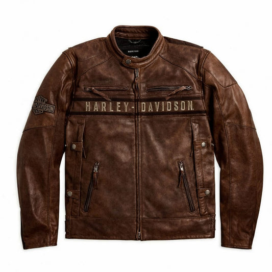 Men’s Retro H-D Harley Vintage Motorcycle Leather Jacket, Cafe Racer Leather Jacket Brown