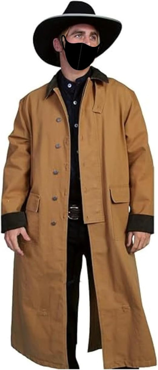 Men's Western Cowboy Old Vest Tan Cotton Long Coat Duster Full Length for Halloween Cosplay