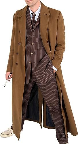 Men's Doctor Who Brown Cotton Coat, 10th Dr. Doctor Gabardine Time Traveler Long Trench Coat Costume