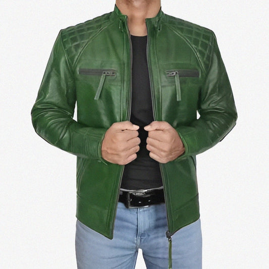 Men's Genuine Leather Biker Jacket Green | Diamond Classic Motorbike Jacket