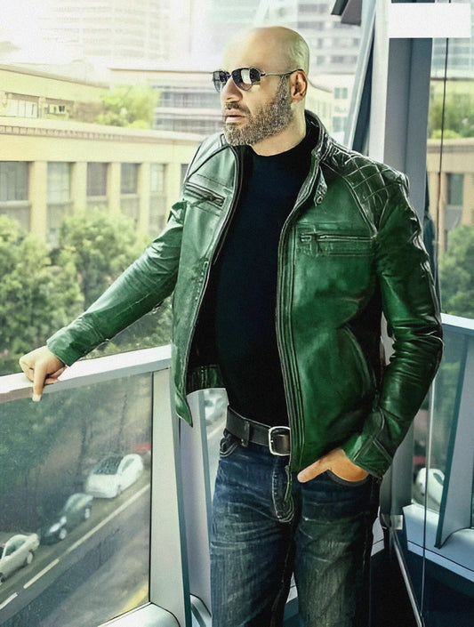 Men's Genuine Leather Biker Jacket Green | Diamond Classic Motorbike Jacket