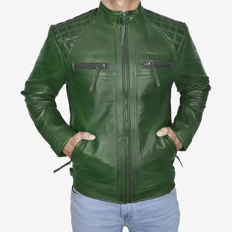 Men's Genuine Leather Biker Jacket Green | Diamond Classic Motorbike Jacket