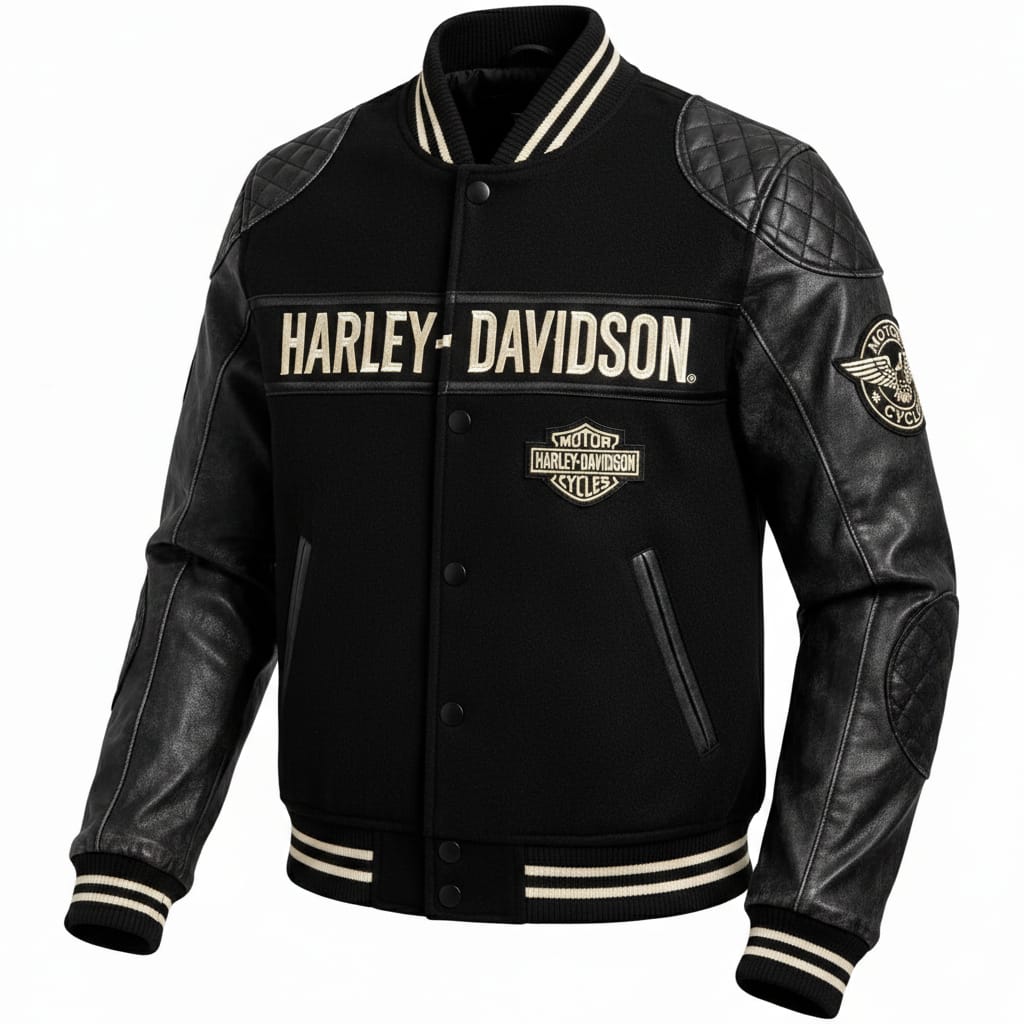 Men’s Retro H-D Harley Style Varsity Jacket Black Wool & Leather Sleeves | Biker Letterman Jacket | Vintage Motorcycle Streetwear Coat