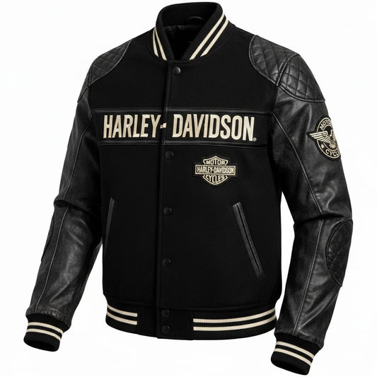 Men’s Retro H-D Harley Style Varsity Jacket Black Wool & Leather Sleeves | Biker Letterman Jacket | Vintage Motorcycle Streetwear Coat