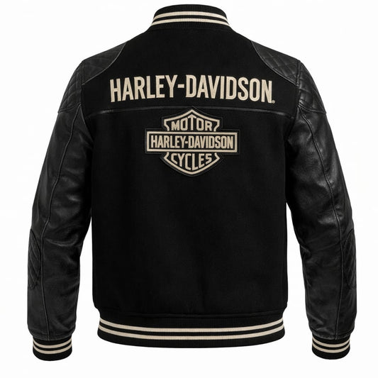 Men’s Retro H-D Harley Style Varsity Jacket Black Wool & Leather Sleeves | Biker Letterman Jacket | Vintage Motorcycle Streetwear Coat