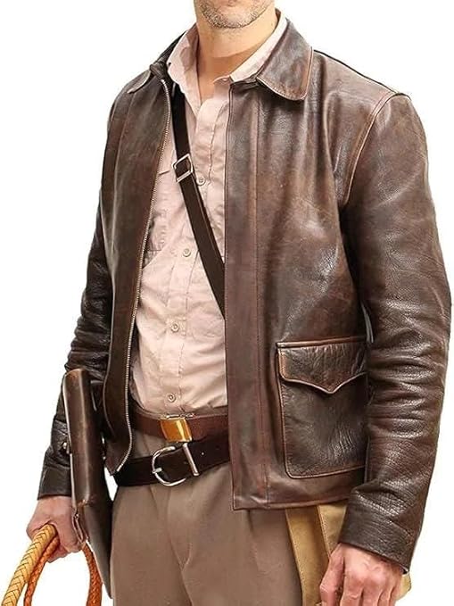 Indiana Jones Leather Jacket Men Distressed Brown Vintage Harrison Ford Adventure Jacket