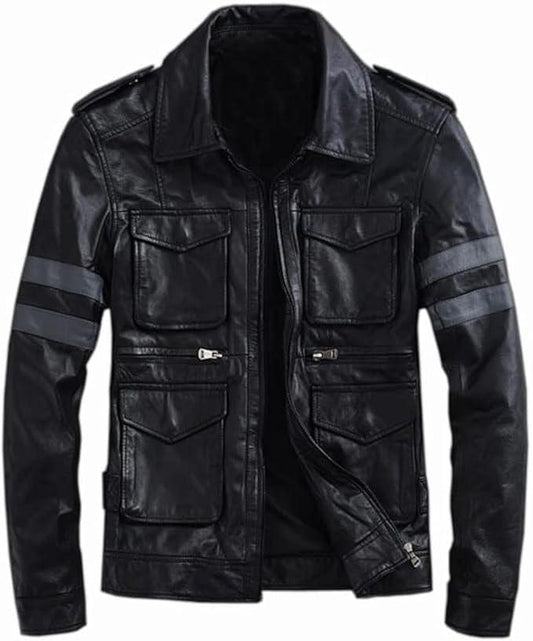 Men's Black Resident Evil RE6 Leon S Kennedy Leather Jacket | Men's Motorcycle Leather Jacket