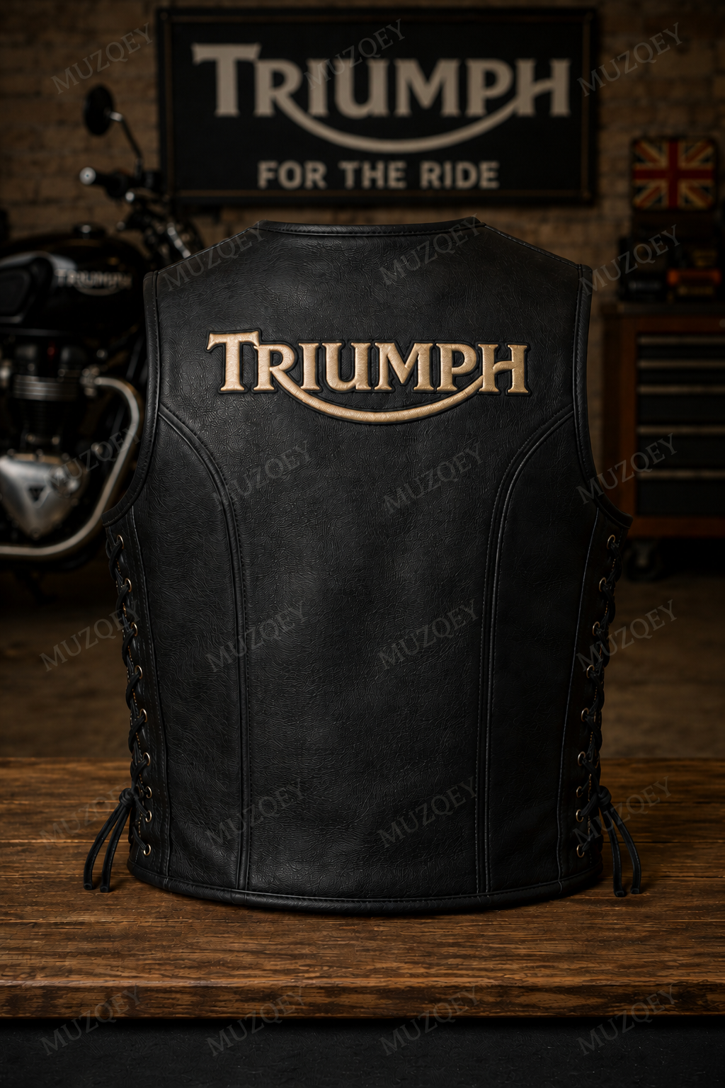 Men’s Triumph Black Leather Motorcycle Vest – Vintage Biker Riding Waistcoat with Side Lace Adjustable Fit