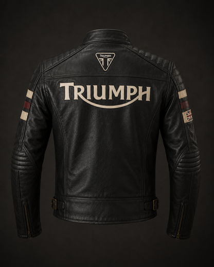 Men’s Triumph Style Black Leather Motorcycle Jacket – Vintage Cafe Racer Biker Jacket with Quilted Shoulders & Racing Stripes