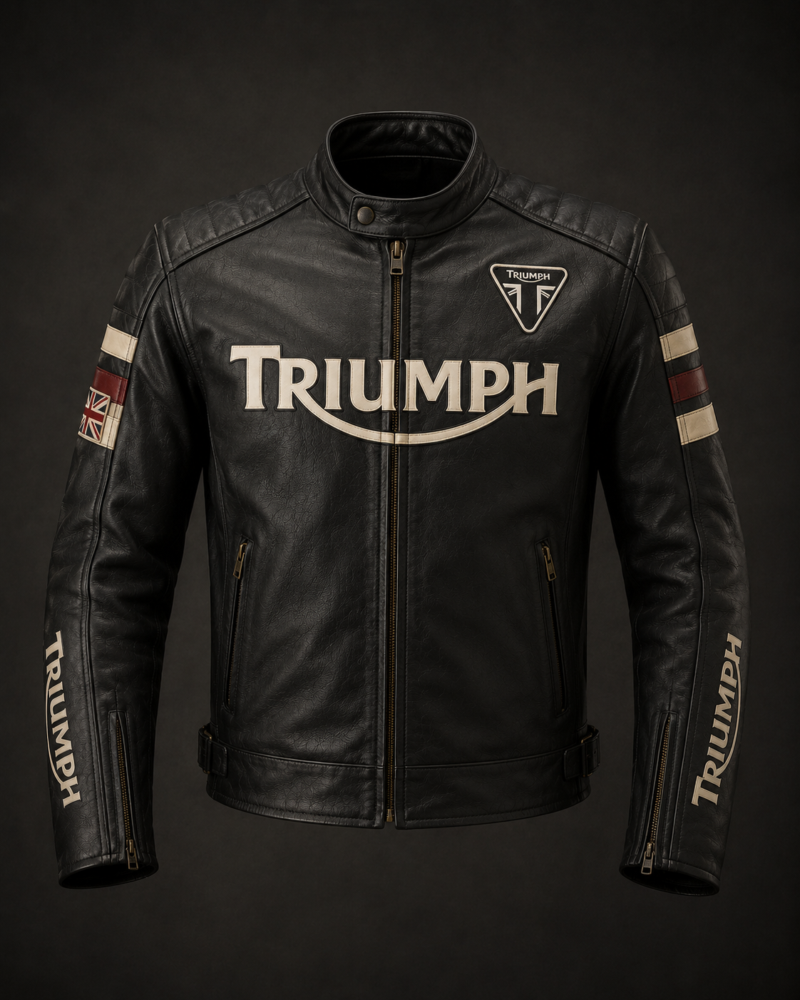 Men’s Triumph Style Black Leather Motorcycle Jacket – Vintage Cafe Racer Biker Jacket with Quilted Shoulders & Racing Stripes