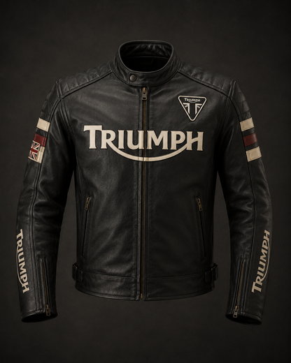 Men’s Triumph Style Black Leather Motorcycle Jacket – Vintage Cafe Racer Biker Jacket with Quilted Shoulders & Racing Stripes