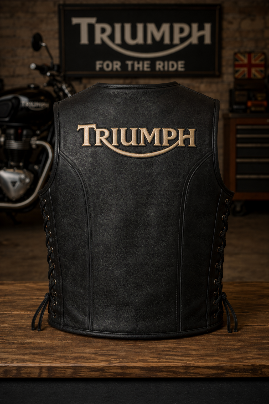 Men’s Triumph Black Leather Motorcycle Vest – Vintage Biker Riding Waistcoat with Side Lace Adjustable Fit