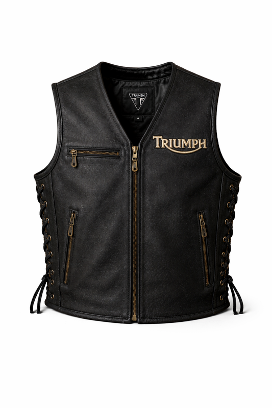 Men’s Triumph Black Leather Motorcycle Vest – Vintage Biker Riding Waistcoat with Side Lace Adjustable Fit