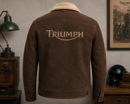 Triumph Vintage Brown Suede Leather Motorcycle Jacket for Men – Sherpa Collar Biker Jacket – Classic Rider Winter Coat