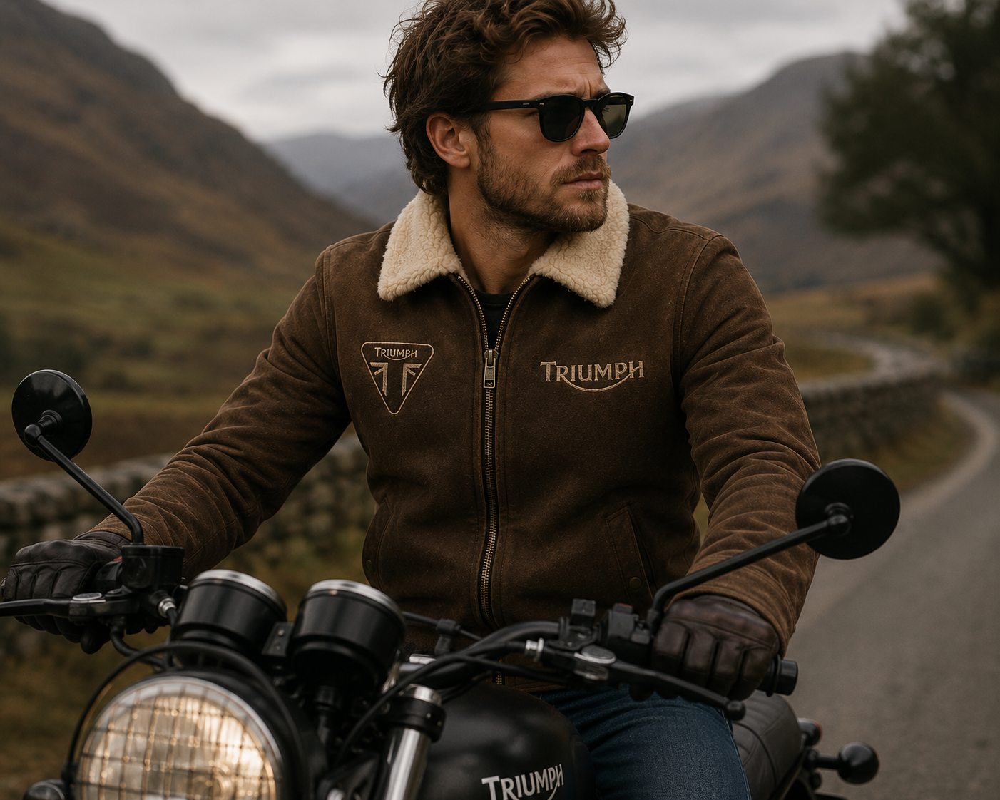 Triumph Vintage Brown Suede Leather Motorcycle Jacket for Men – Sherpa Collar Biker Jacket – Classic Rider Winter Coat
