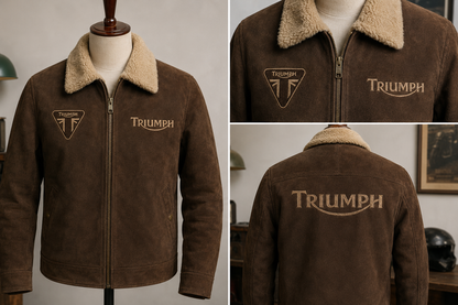 Triumph Vintage Brown Suede Leather Motorcycle Jacket for Men – Sherpa Collar Biker Jacket – Classic Rider Winter Coat
