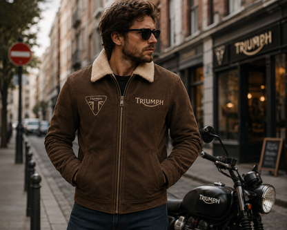 Triumph Vintage Brown Suede Leather Motorcycle Jacket for Men – Sherpa Collar Biker Jacket – Classic Rider Winter Coat