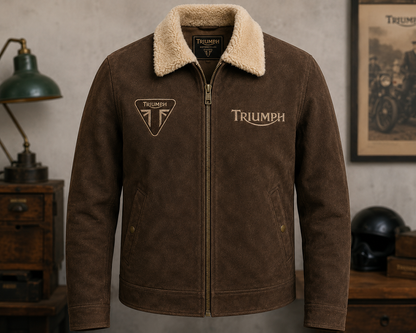 Triumph Vintage Brown Suede Leather Motorcycle Jacket for Men – Sherpa Collar Biker Jacket – Classic Rider Winter Coat