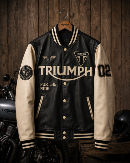 Men's Triumph Style Black Varsity Jacket | Motorcycle Letterman Jacket | Wool Body & Leather Sleeves | Vintage Biker Bomber Jacket