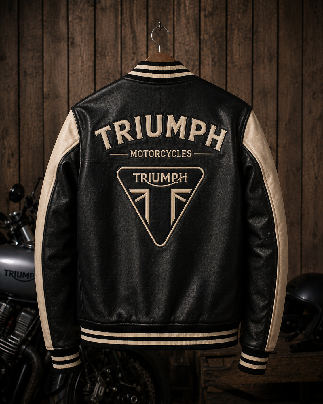 Men's Triumph Style Black Varsity Jacket | Motorcycle Letterman Jacket | Wool Body & Leather Sleeves | Vintage Biker Bomber Jacket