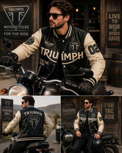 Men's Triumph Style Black Varsity Jacket | Motorcycle Letterman Jacket | Wool Body & Leather Sleeves | Vintage Biker Bomber Jacket