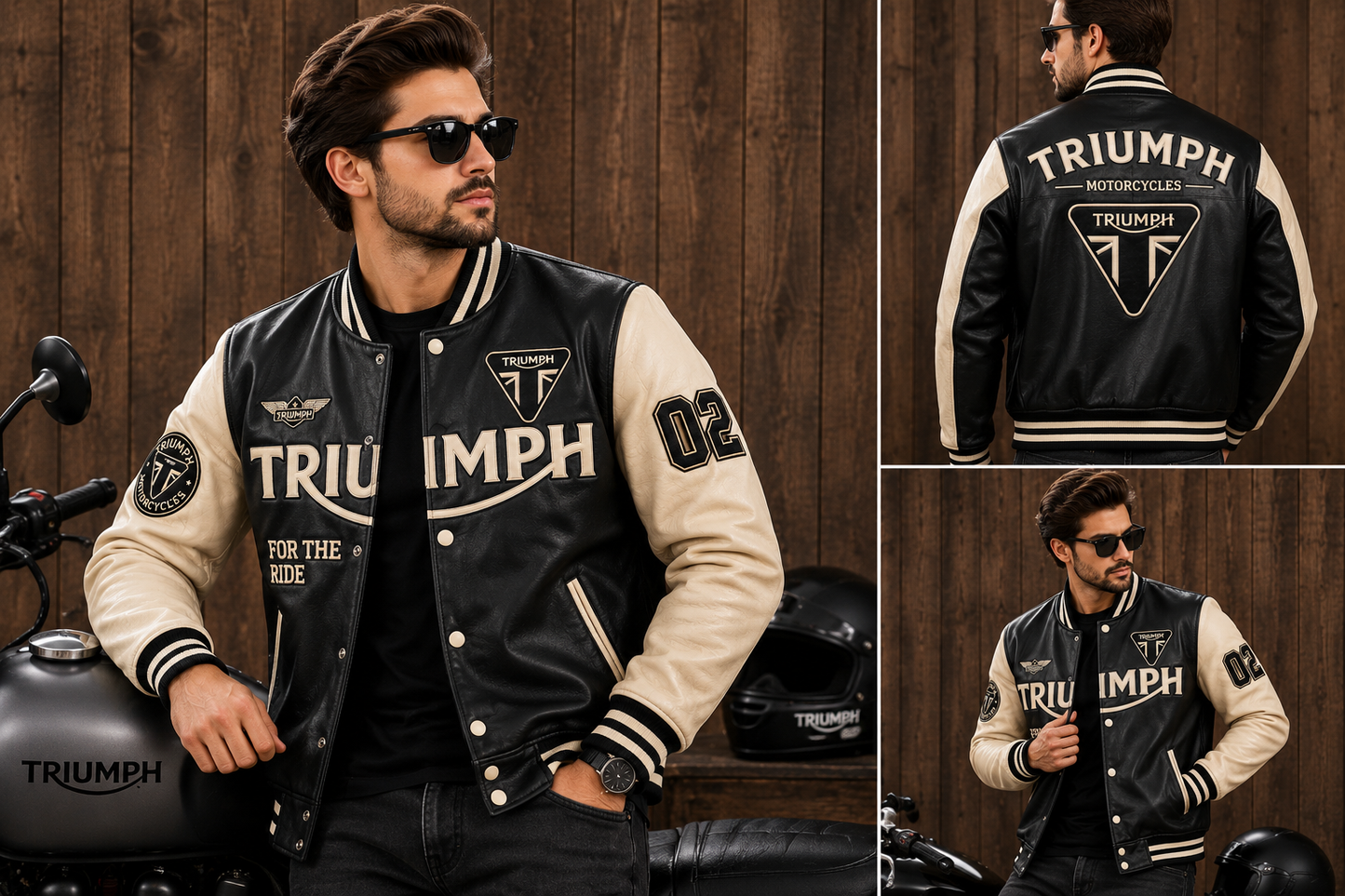 Men's Triumph Style Black Varsity Jacket | Motorcycle Letterman Jacket | Wool Body & Leather Sleeves | Vintage Biker Bomber Jacket