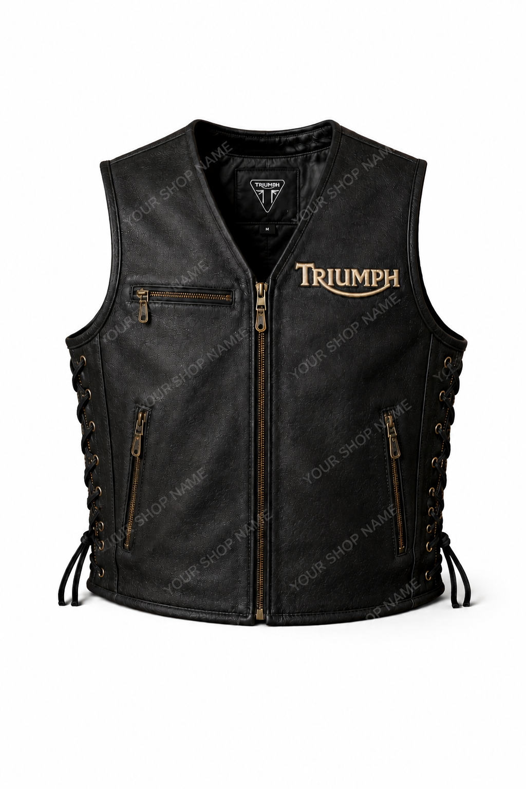 Men’s Triumph Black Leather Motorcycle Vest – Vintage Biker Riding Waistcoat with Side Lace Adjustable Fit