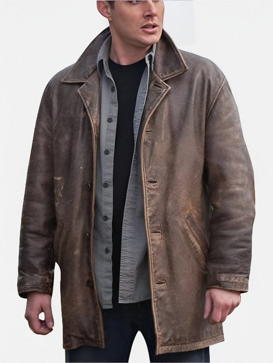 Dean Winchester Supernatural Brown Distressed Coat | Men's Trench Coat Real Leather Jacket | Dean Winchester Trench Coat
