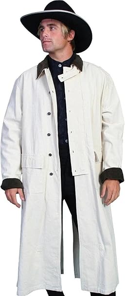Men's Western Long Duster Coat, White Cotton, Full Length Retro Cowboy Style, Button Front Closure, Multiple Pockets