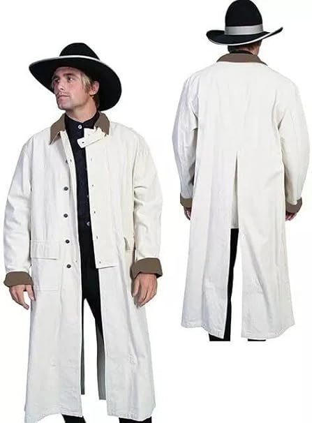 Men's Western Long Duster Coat, White Cotton, Full Length Retro Cowboy Style, Button Front Closure, Multiple Pockets