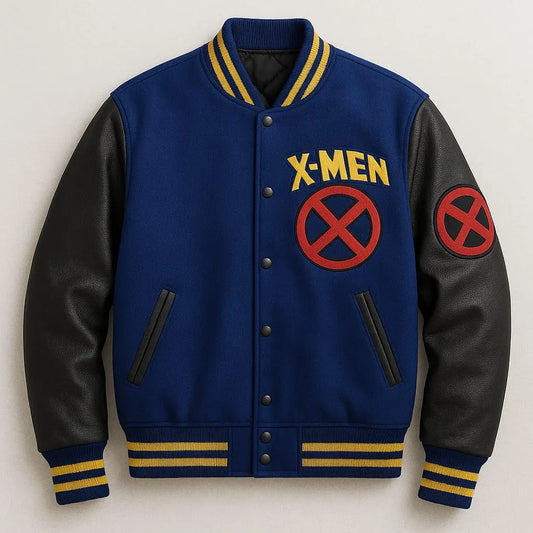 X Men Blue & Black Letterman Jacket – Comic Inspired Biker Style Jacket – Wolverine Varsity Jacket for Men