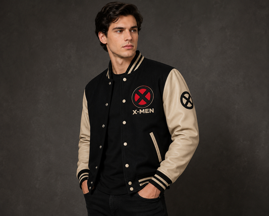 Men's X-Men Varsity Jacket Black Wool Beige Leather Sleeves | Wolverine Letterman Jacket | Mutant Baseball Jacket