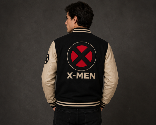 Men's X-Men Varsity Jacket Black Wool Beige Leather Sleeves | Wolverine Letterman Jacket | Mutant Baseball Jacket