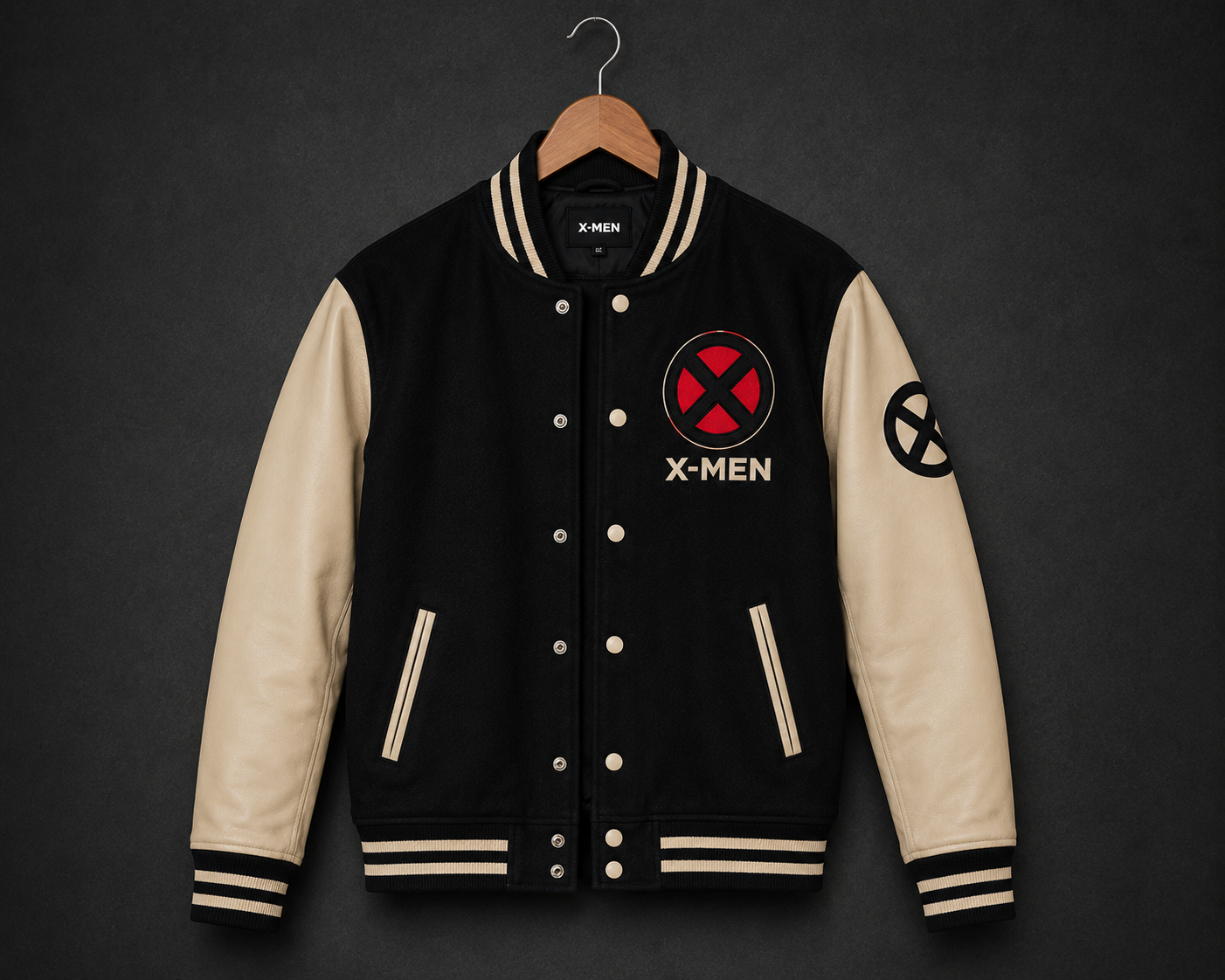 Men's X-Men Varsity Jacket Black Wool Beige Leather Sleeves | Wolverine Letterman Jacket | Mutant Baseball Jacket