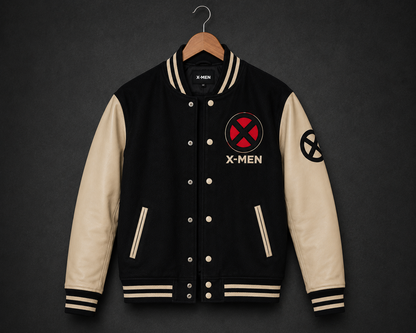 Men's X-Men Varsity Jacket Black Wool Beige Leather Sleeves | Wolverine Letterman Jacket | Mutant Baseball Jacket