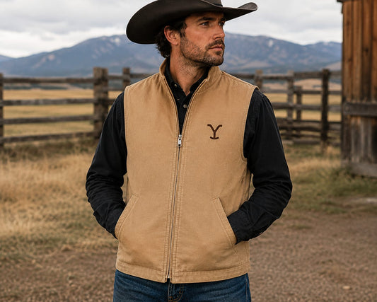Men's Yellowstone Cotton Canvas Vest for Men, Western Cowboy Ranch Vest, Horse Riding Zip-Up Work Vest