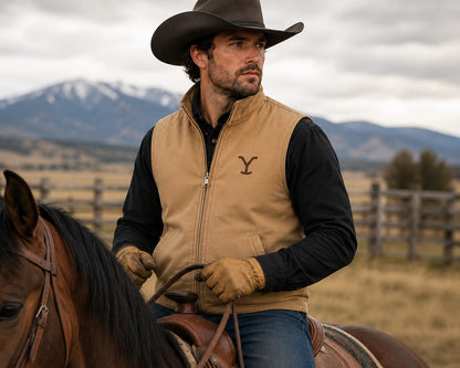 Men's Yellowstone Cotton Canvas Vest for Men, Western Cowboy Ranch Vest, Horse Riding Zip-Up Work Vest