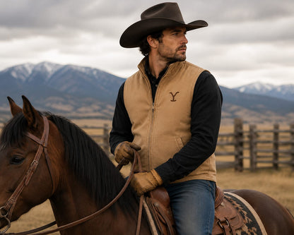 Men's Yellowstone Cotton Canvas Vest for Men, Western Cowboy Ranch Vest, Horse Riding Zip-Up Work Vest