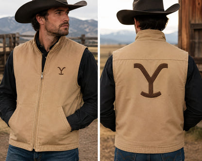 Men's Yellowstone Cotton Canvas Vest for Men, Western Cowboy Ranch Vest, Horse Riding Zip-Up Work Vest